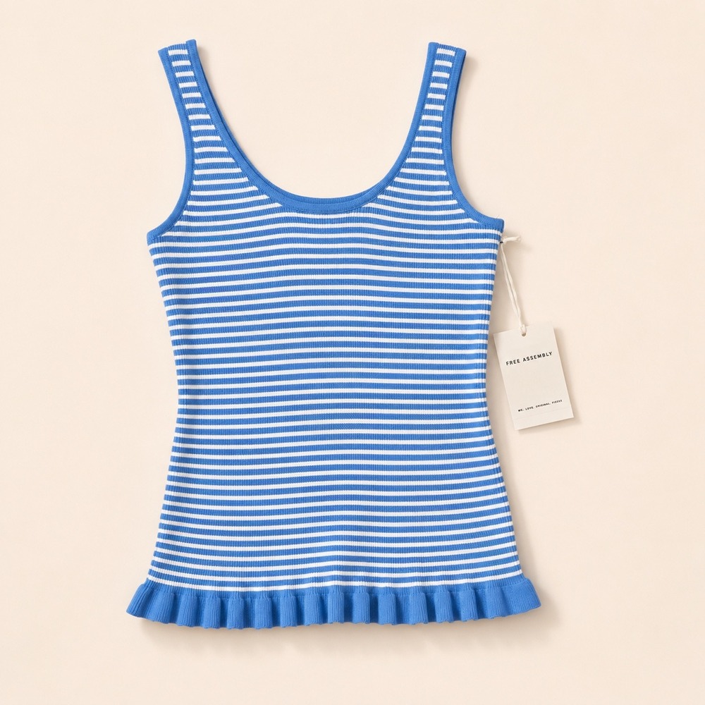 Free Assembly Blue White Striped Knit Tank Ruffle Top Tiered Mini Skirt Set‎ S - Picture 4 of 5